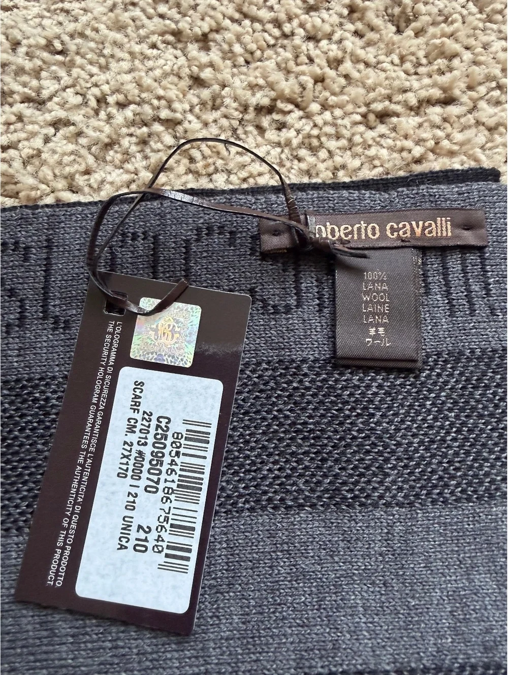 Roberto Cavalli Scarf 100% Wool Grey Black Striped Men Women Italy Authentic NWT